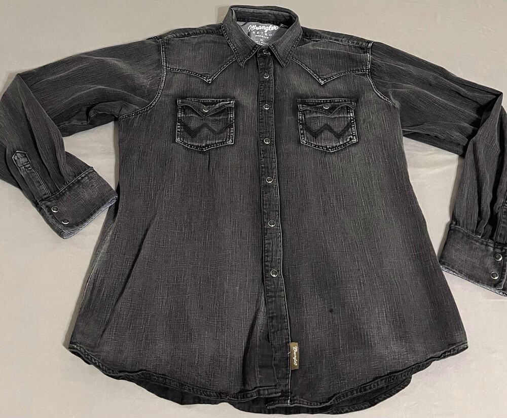 Wrangler Retro Premium Pearl Snap Shirt Mens XL Black Washed Western Denim